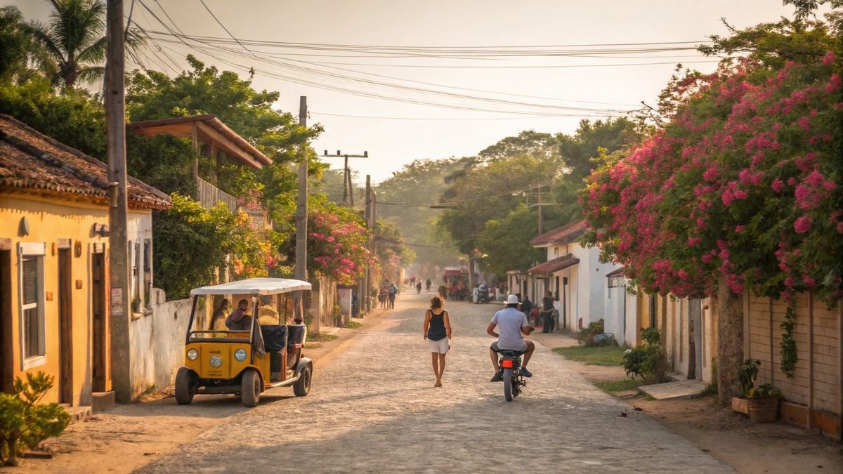 Een dorpsstraat in Bahia met bloeiende bougainville