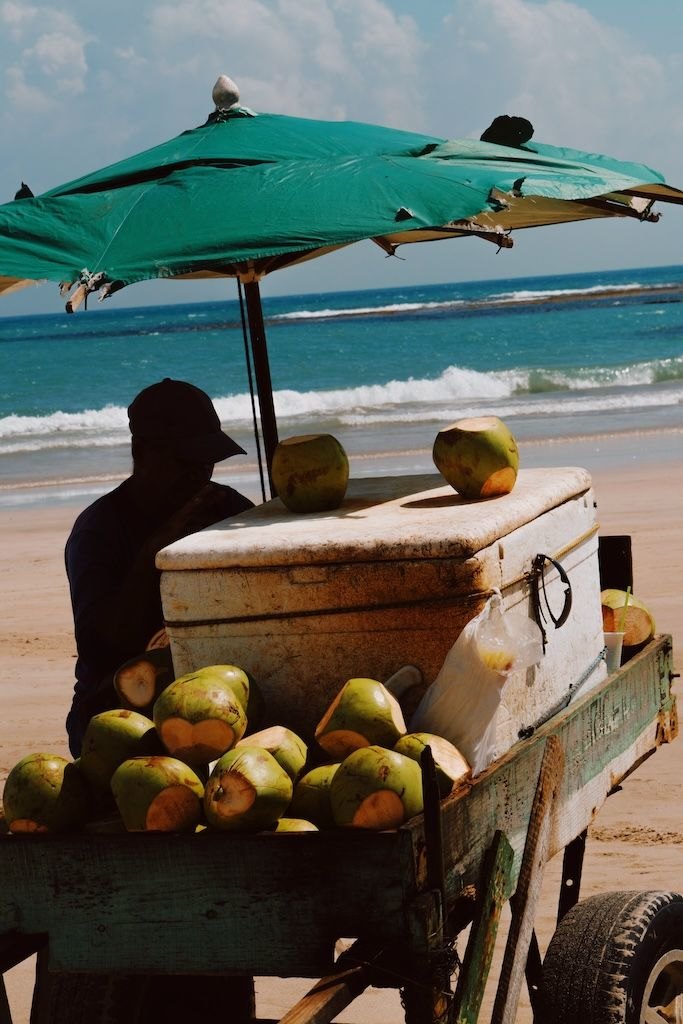 Verse kokosnoten op een kar aan het strand