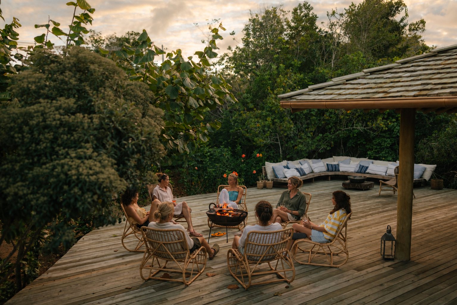 Samen rond het vuur op de veranda